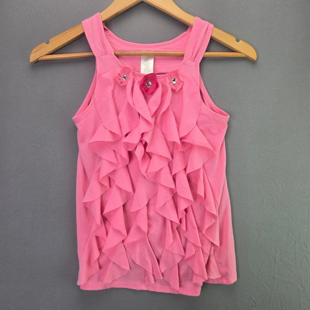 Gymboree Girls Tank Top Ruffle Floral Rhinestone Size 9 Pink Sleeveless Stretch